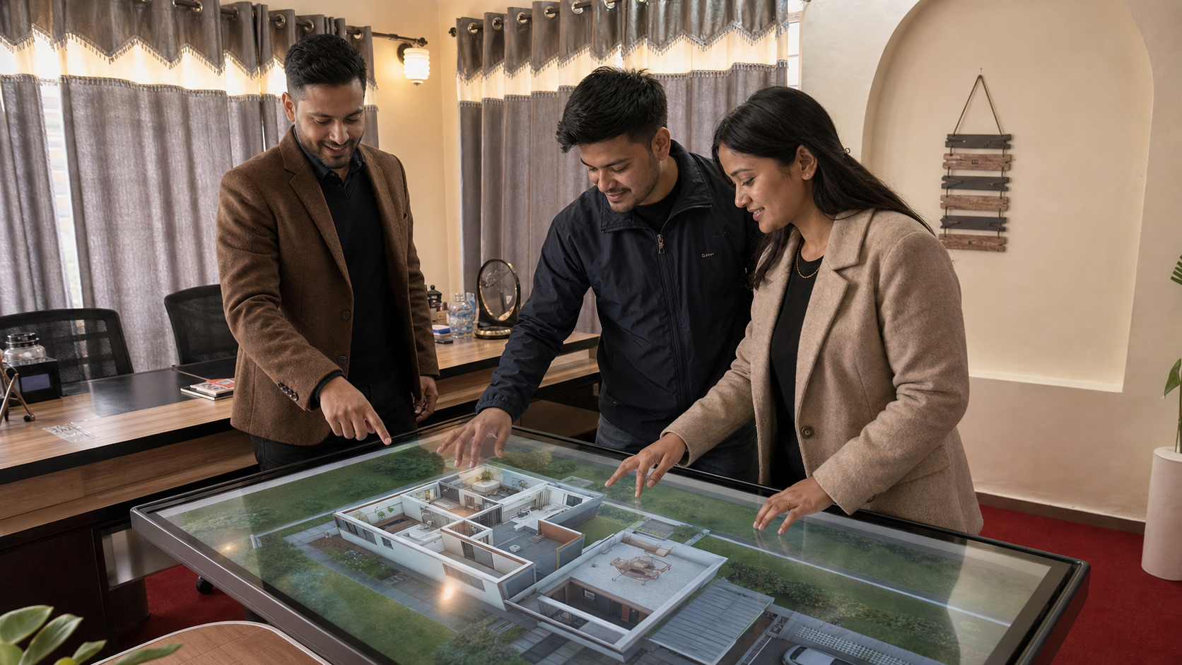 परिवारले तेर्सो अन्तरक्रियात्मक टचस्क्रिन टेबलमा ३डी घर मोडेल घुमाउँदै