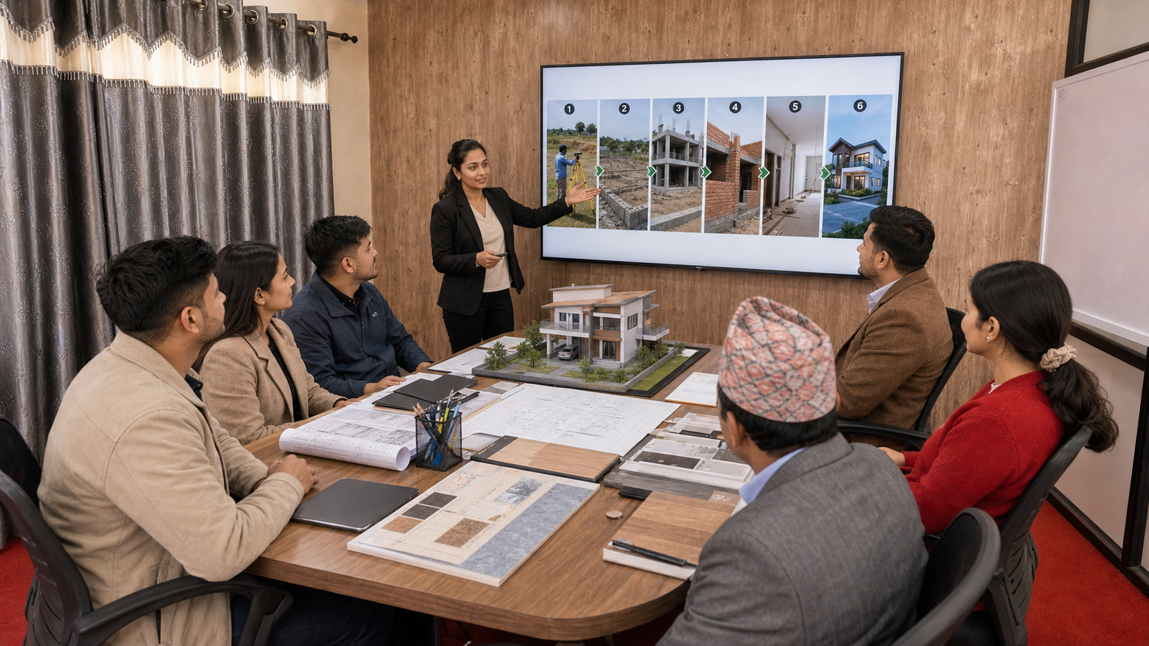निर्माण विशेषज्ञले ठूलो डिस्प्लेमा घर निर्माण प्रक्रिया बसेका आगन्तुकहरूलाई प्रस्तुत गर्दै