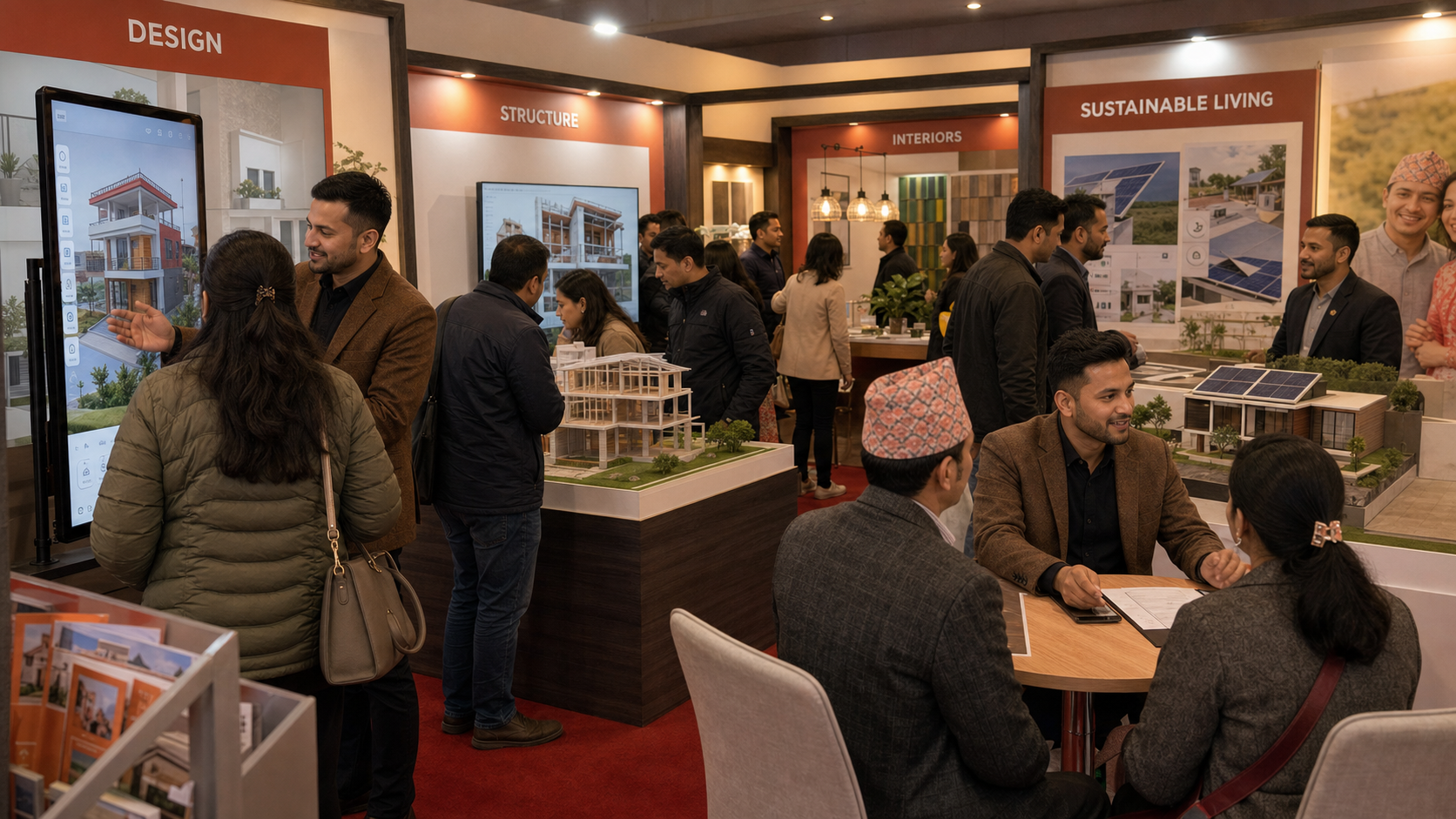 आगन्तुकहरू धेरै निर्माण सामग्री स्टल भएको ठूलो प्रदर्शनी हलमा हिड्दै
