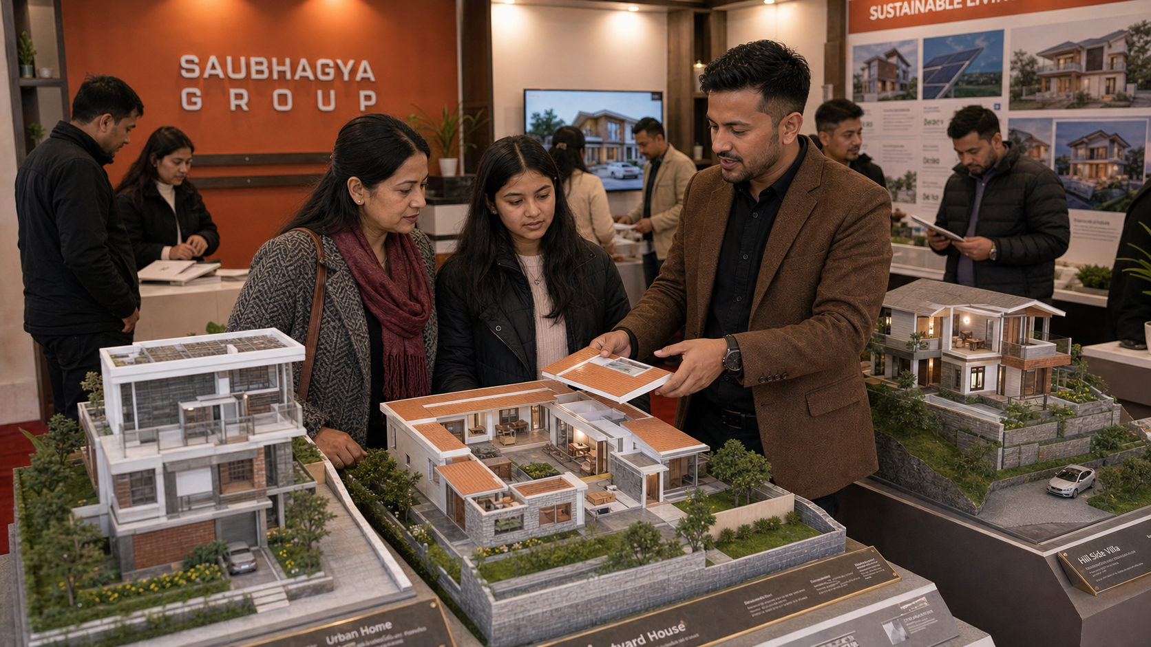 आगन्तुकहरू प्रदर्शनी टेबलमा राखिएका दुई भौतिक वास्तुकला घर मोडेल तुलना गर्दै