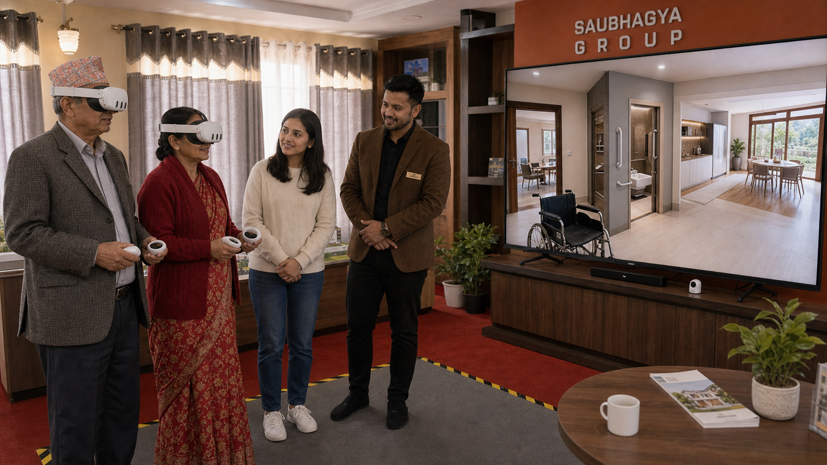 आगन्तुकले अनुभव केन्द्रमा सुलभ VR स्टेशन प्रयोग गरी घर डिजाइन भित्र हिड्दै