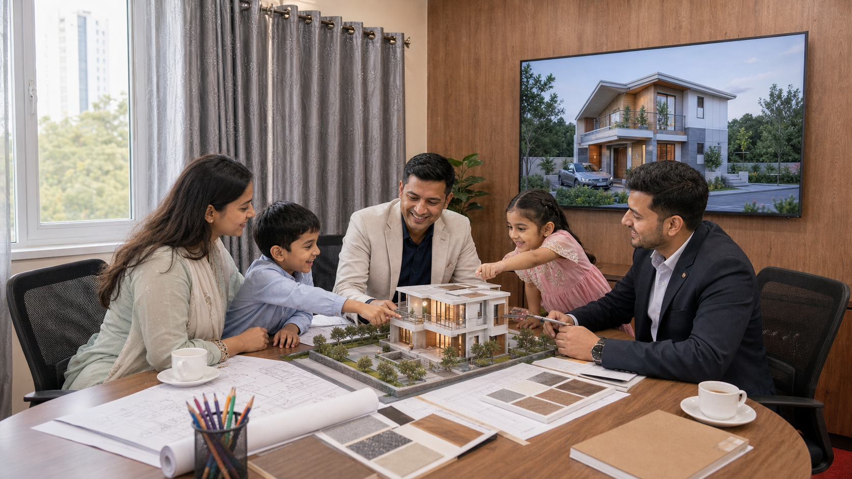 परिवारले योजना र सामग्री नमूनासहित टेबलमा डिजाइन विशेषज्ञसँग परामर्श गर्दै